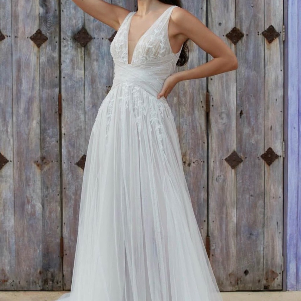 Watters Willowby 58600 Maelie CrissCross Waist Illusion Back Bridal Dress 14 NWT